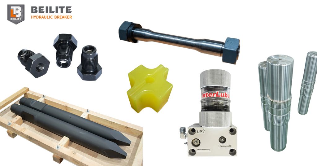 Beilite Indonesia Hydraulic Breaker Spare Parts Chisels, Pistons, Auto-lubrification System Through Bolt and Seal Kits